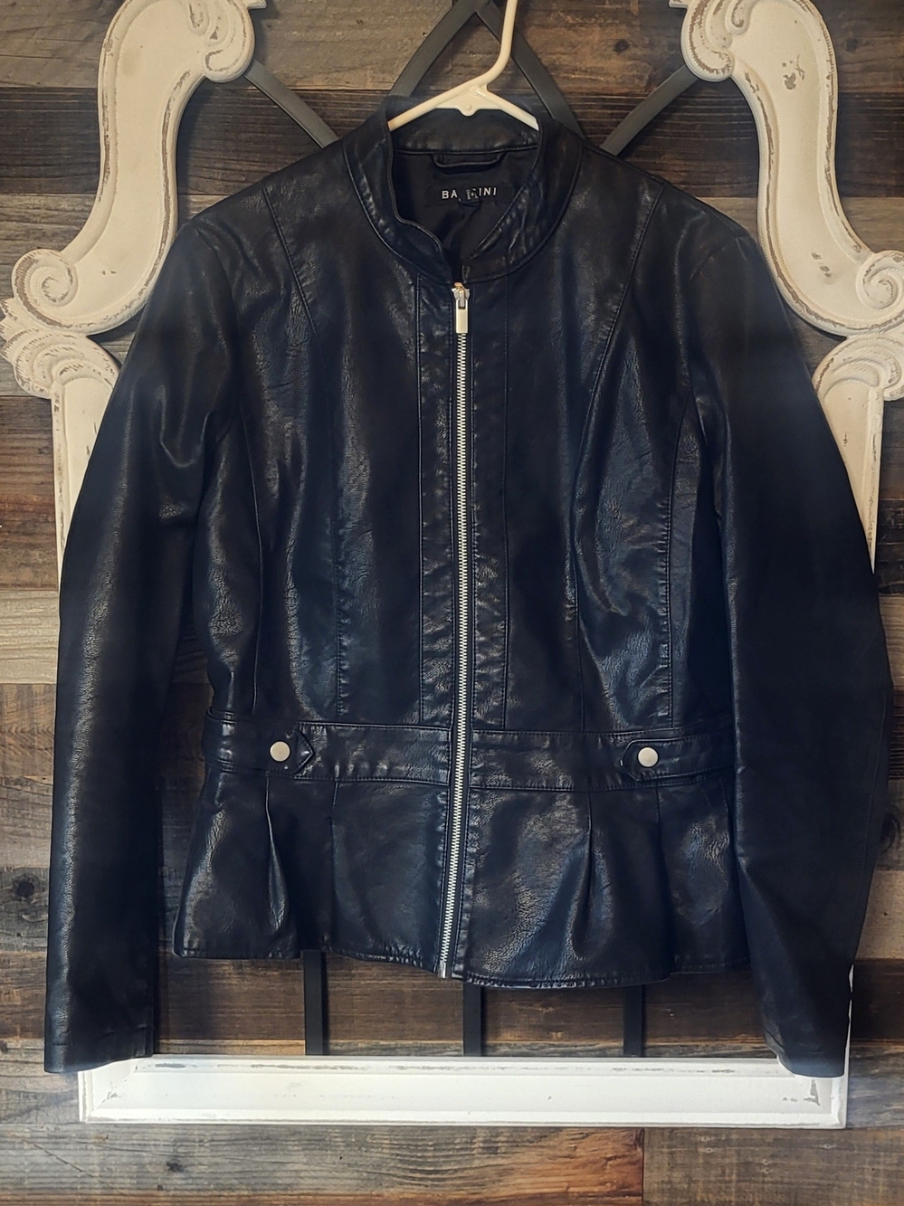 Women's Black Faux Leather Zip-Front Jacket With Ruffle Hem